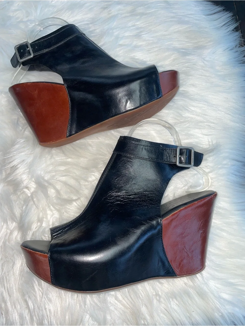 Kork Ease Berit Peep Toe Black Leather Wedge Sandals with Brown Wedge